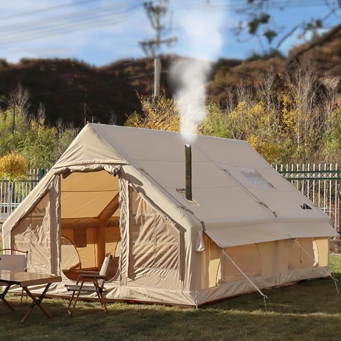 Large Luxury Inflatable Camping Tent Cotton Canvas Tent, Breathable and Waterproof Air Tent with Skylight and Stove Jack Hole for for 4-6-8-10 Person Family Camping