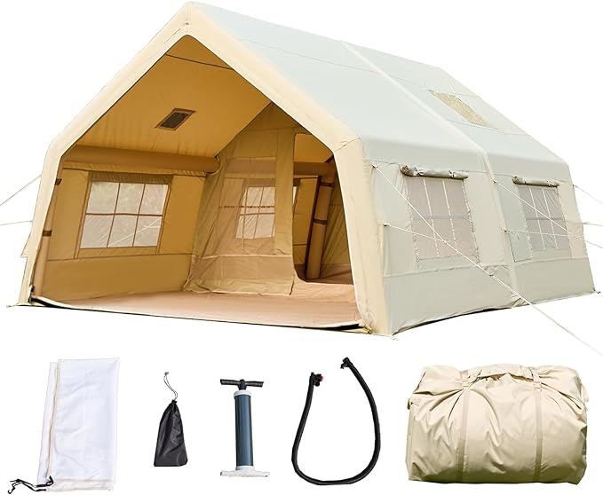 YOLENY Inflatable Tents for Camping, 6-12 Person Blow Up Tent with TPU Skylight, Canopy, Mesh Windows, Stove Jack & Pump, 4 Season Large Inflatable Tent, Waterproof & Windproof