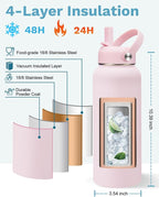 BENZZO 40oz Insulated Water Bottle Metal Water Flask Stainless Steel Keep Cold 48Hrs & Hot 24 Hrs, Pink Water Jug with Strap for Women Sports Gym Workout School Running with Straw & Auto Spout Lid