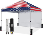 CROWN SHADES 10x10 Pop Up Canopy with 1 Side Wall - Beach Tent with One Push Setup - Outdoor Sun Shade for Events, Parties, Camping - Gazebo with STO-N-Go Cover Bag (American Flag)