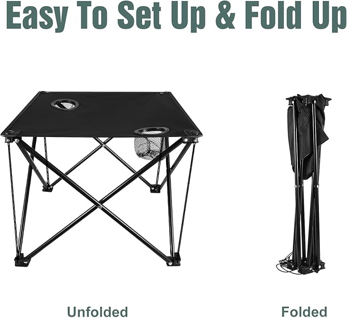 Folding Camping Table with 2 Cup Holders, Portable Picnic Table 600D Oxford Fabric, Lightweight Beach Table with Carrying Bag for Outdoor, Camping, Picnic, Beach, BBQ
