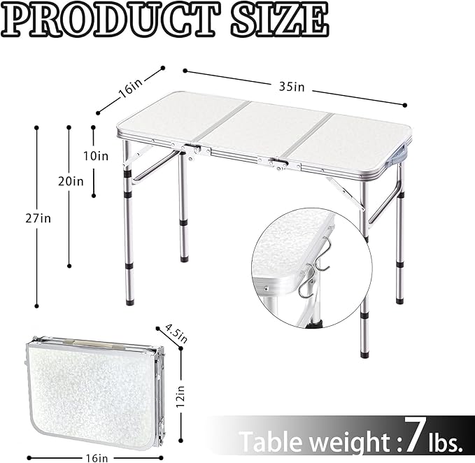 Folding Camping Table 3ft Portable Pinic Table Adjustable Height Small Card Table Aluminum Foldable Lightweight with Carry Handle for Outdoor Indoor Hiking Camp BBQ Beach