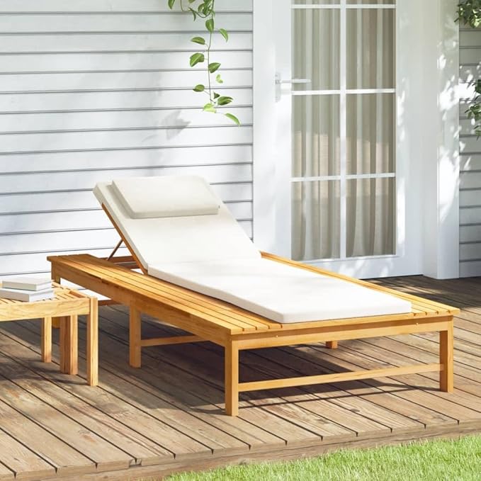 Sun Lounger with Cream White Cushion and Pillow Solid Wood Acaciapatio Chairs Outdoor Lounge Chairs Tanning Chair Recliner chairSuitable for Gardens, courtyards