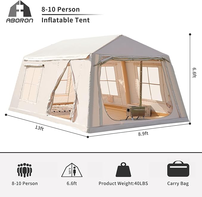 ABORON 2/6/8/10/12 Person Inflatable Camping Tent, Easy Setup Blow Up Tent with Hand Pump, PU3000mm Waterproof & Breathable 4 Season Glamping Tent for Outdoor Camping