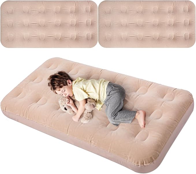 Geetery Kids Air Mattress Toddler Inflatable Airbed 55x27.6x8.7 Inch Foldable Comfort Flocked Blow up Bed with Patch Kit Portable Sleepover Mattresses for Home Travel Camping Party(Beige, 2 Pcs)