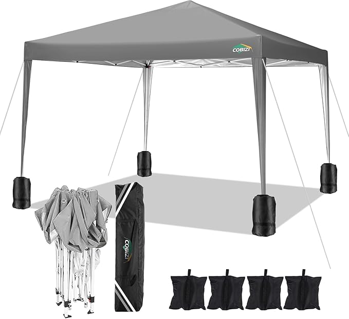 COBIZI 10x10 Pop Up Canopy Tent with 4 Sandbags, Easy Set Up Gazebo, Instant Outdoor Sun Shelter with 8 Stakes,4 Ropes&Carry Bag, Tent for Parties, Beach, Backyard,Camping(Gray