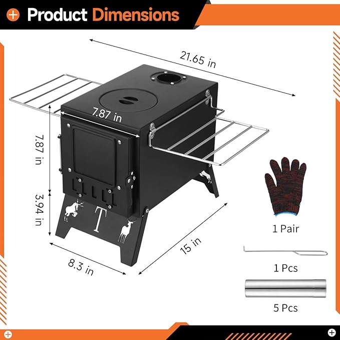 Hot Tent Steel Stove, Portable Camping Wood Burning Stove with Large Firebox, Detachable Top Cover for Cooking, Foldable Legs, 8.3 x 15 x 11.8 in for Outdoor Cooking