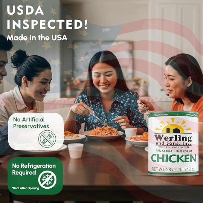 Werling & Sons Canned Chicken 28 Oz– Fully Cooked, Ready to Eat | Premium Quality, Recipe-Ready Canned Meat | 5-Year Shelf Life | Pantry Staple for Camping, Survival & Emergency Use | Made in USA | Pack of 12