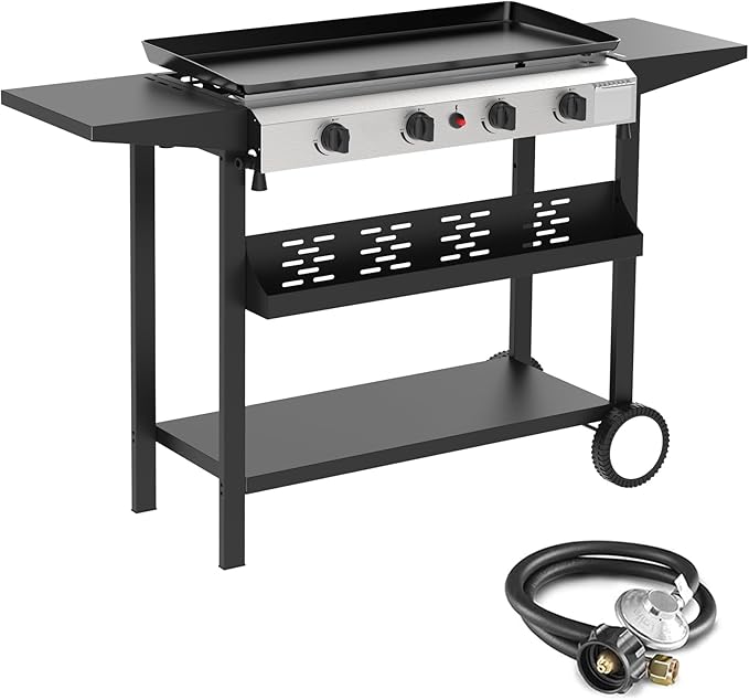 4 Burner Flat Top Grill, 30 Inch Stainless Steel Tabletop Portable Propane Griddle, 40,000 BTU BBQ Gas Griddle Flat Grill with Side Shelves for Camping