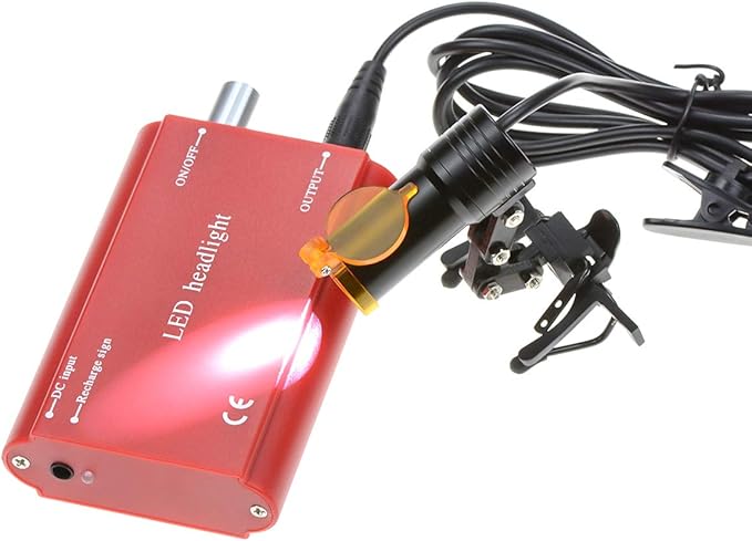 Dental Protable LED Head Light Lamp for Dental Surgical Medical Binocular Loupe Metal Clip with Plastic Body for Fast Heat Dissipation (Red)