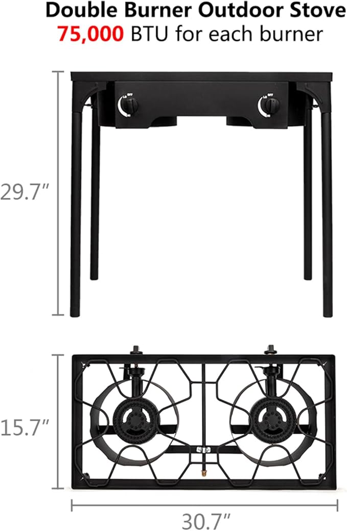Double Propane Outdoor Burner, 150,000 BTU Camping Cooker,Heavy Duty Iron Cast Patio Burner with Removable Legs, Portable Propane Stove Gas Cooker for Home Brewing, Stir Frying, Camping, Tailgating