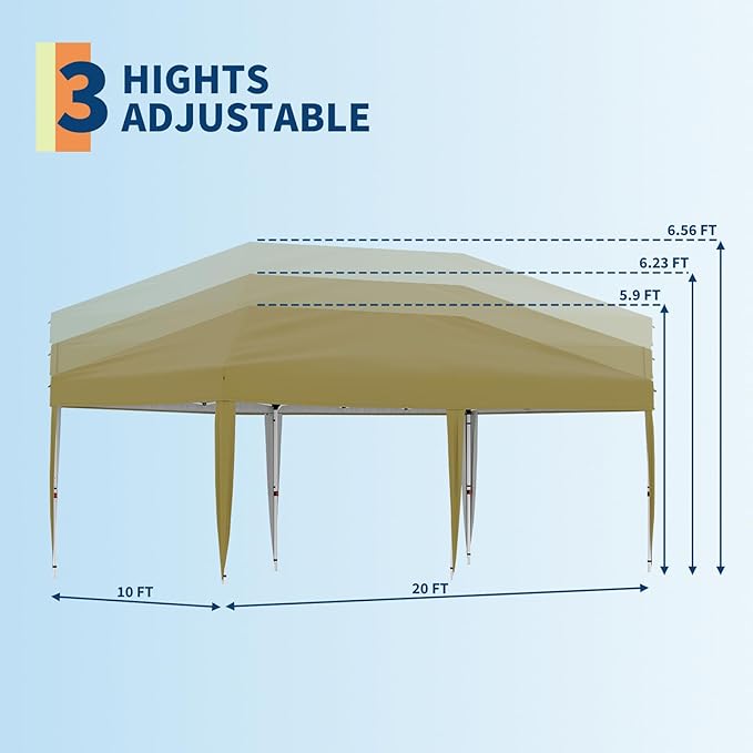 10x20 Pop Up Canopy - Easy Up Camping Tent with One Roller Bag, 3 Adjustable Height, 4 Weight Bags for Deck, Garden, Sports, Beach, Party - Khaki