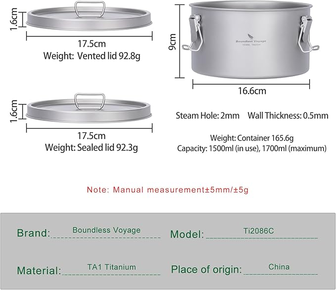 Boundless Voyage Titanium Sealed Lunch Box with Leak-Proof Lid Camping Cookware Lightweight Outdoor Cooking Pot for Backpacking Hiking Picnic & Travel Food Container (Ti2086C/1.5L)