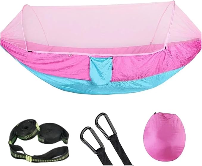 Compatible For Camping Hammock With Mosquito Net Pop-Up Light Portable Outdoor Parachute Hammocks Swing Sleeping Hammock Camping Stuff(Pink-6 rings)