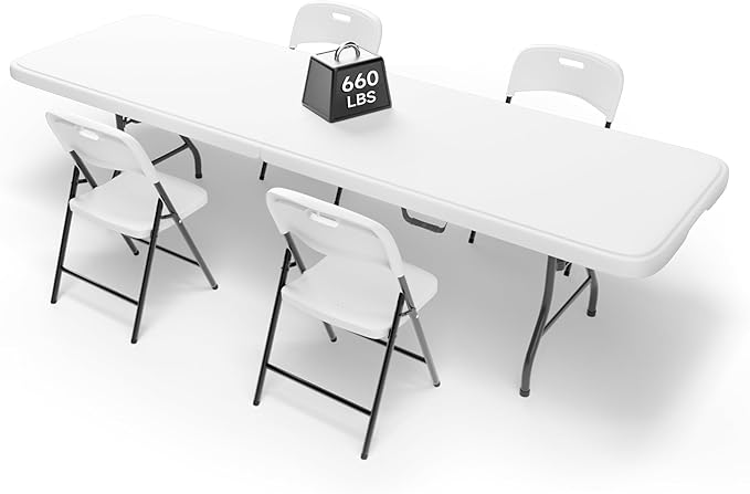 8FT Folding Table Set with 4 Chairs – Heavy-Duty 660 lb Table & 600 lb Chairs, Portable Foldable Furniture Set for Camping, Parties, Indoor & Outdoor Use