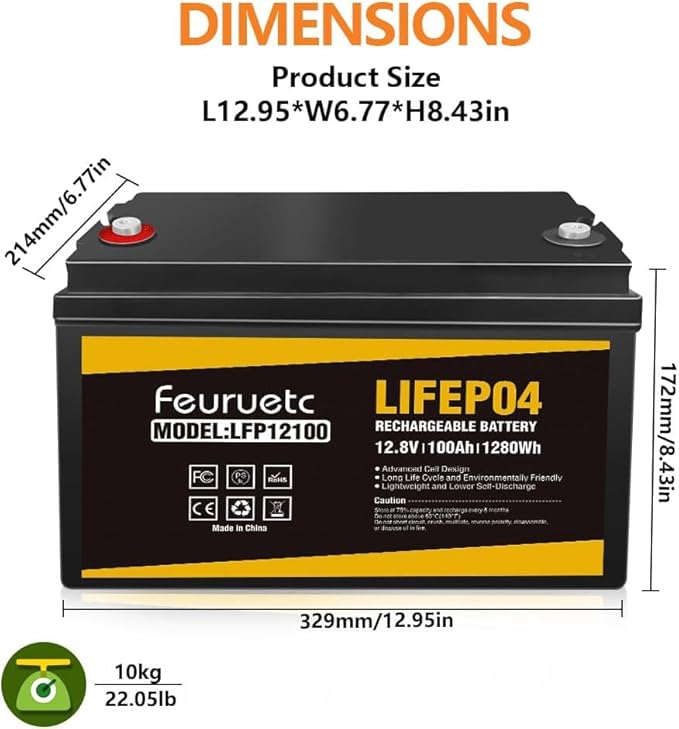 12V 100Ah LiFePO4 Battery with 100A BMS, 15000+ Deep Cycles, Solar Energy Storage, Lithium Phosphate Batteries for Home Motor, Travel Trailer, Camping, Off-Grid Power (1PC)