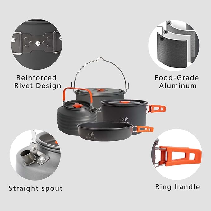 Camping Cookware Mess Kit with 3500W Stove, 7L Hanging Pot, 10L Water Bucket & Tableware Set for Outdoor Camping & Hiking