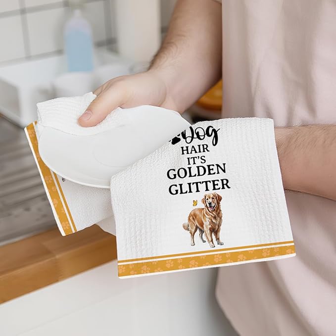 2Pcs Funny Dog Kitchen Towels 24x14 Inch, Cute Golden Retriever Waffle Weave Dish Towels for Kitchen Home, White Absorbent Microfiber Hand Tea Towel, Golden Retriever Gifts for Women Dog Lovers 2