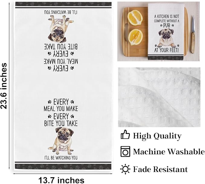2Pcs Funny Dog Kitchen Towels 24x14 Inch, Cute Pug Waffle Weave Dish Towels for Kitchen Home Farmhouse, White Absorbent Microfiber Hand Tea Towel, Pug Gifts for Pug Lovers Women