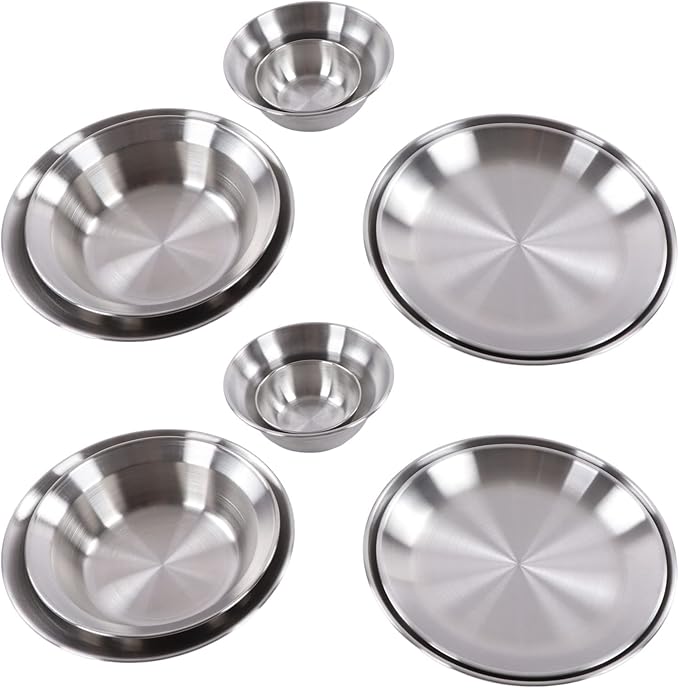 Stainless Steel Camping Plates and Bowls Set, 12PCS Portable Tableware Cookware with Storage Bag, 3.5inch to 9.1 inch, Camping Dish Set for Backpacking, Camping, Hiking, Beach,Outdoor