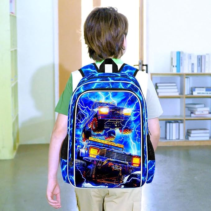 17" Truck Backpack for Boy, 3Pcs Lightning Bookbag for Elementary Preschool Kindergarten, Kids School Thunder Backpacks with Lunch Box (Blue)