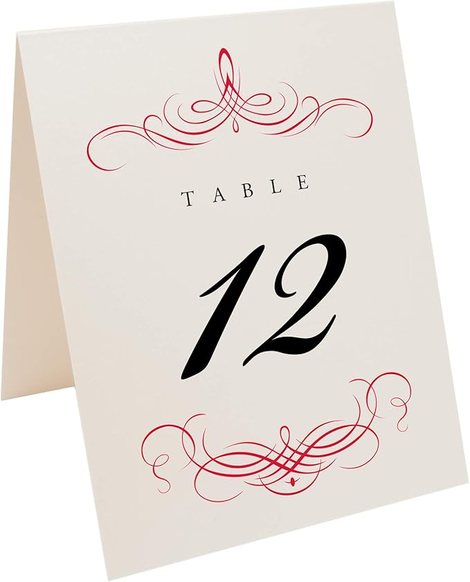 Decadent Flourish Wedding Table Numbers (Select Color/Quantity), Champagne, Ruby Red, 1-40, Double Sided, Tent or Use in a Stand, Great for Parties & Restaurants