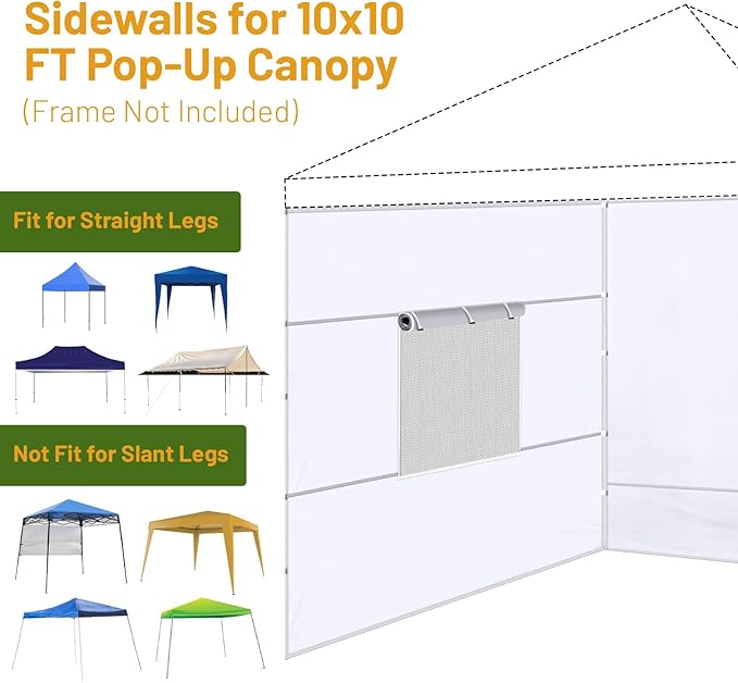 3 Pcs 10x10 Canopy Sidewalls with Roll-up Windows for 10x10 Pop Up Canopy Straight Leg Outdoor Instant Canopy Walls Waterproof & UV Protected for Outdoor Event Tents, 3 Sidewalls Only, White