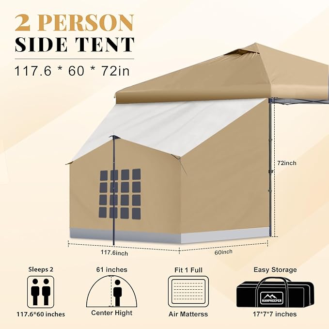 KAMPKEEPER 2 Person Canopy Side Tent, Camping Tent for 10x10 Canopies, Easy Up Cube Tents Gazebo Room with Mesh Window for Camping, Storage, Events(Canopy Not Included)