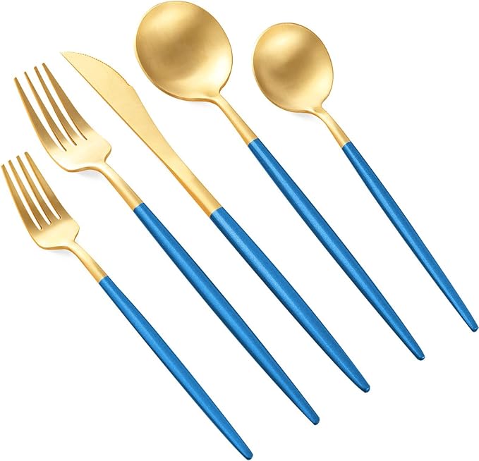 Matte Blue Flatware set, 90 Piece Blue Handle 18/10 Stainless Steel Tableware Sets for 18 Including Forks Spoons Knives, Camping Silverware Travel Utensils Set Cutlery (90pcs)