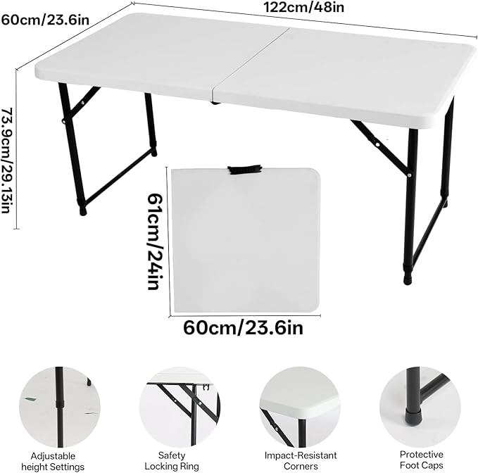 4FT Adjustable Height Folding Camping Table - Portable Foldable Small Table with Metal Frame & Plastic Top, Ideal for Outdoor Picnic, Indoor Dining & Events