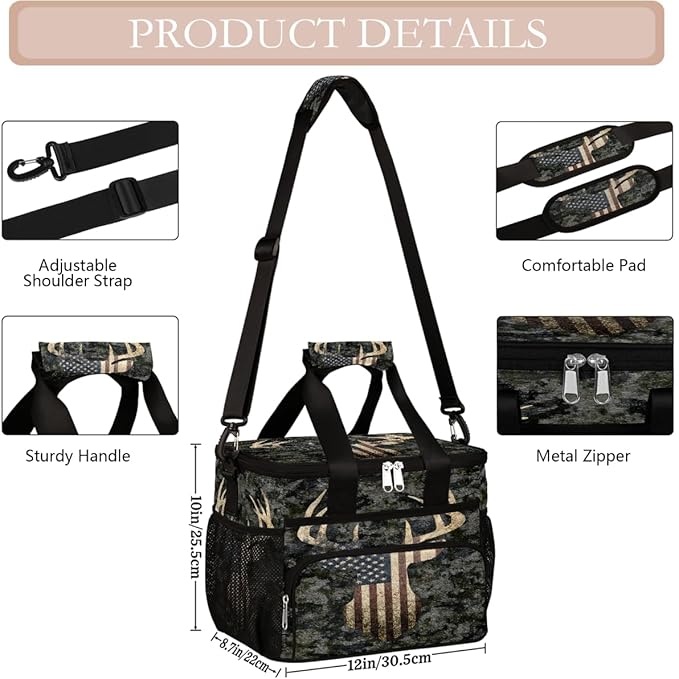 Camouflage Camo Deer American Flag Soft Cooler Bag Insulated Lunch Box for Men & Women, Large Leakproof Lunch Bag Portable Beach Cooler for Work, Picnic, Road Trips,Fishing, Travel, Camping,A-13