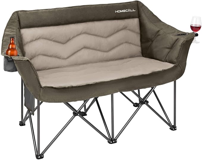 Oversized Double Camping Chair for Adults - Heavy Duty Folding Loveseat Support 700 lbs, Extra Wide 2 Person Camping Couch with Thick Padding, Cup Holders & Storage Bag, Green