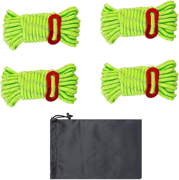 4 Pieces Tent Cords Reflective Guy Lines Heavy Duty Outdoor Climbing Ropes Lightweight Drawstring Bag Supplies for Hiking Travel Camping Backpacking S, Green