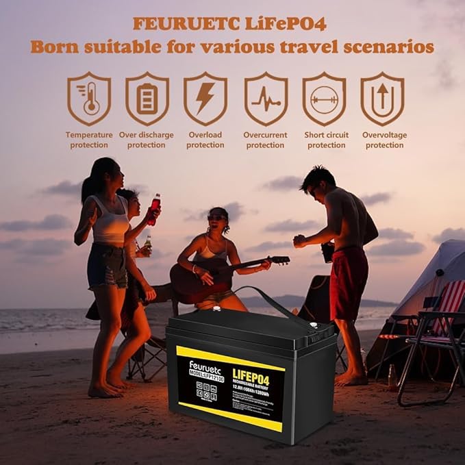 12V 100Ah LiFePO4 Battery with 100A BMS, 15000+ Deep Cycles, Solar Energy Storage, Lithium Phosphate Batteries for Home Motor, Travel Trailer, Camping, Off-Grid Power (1PC)