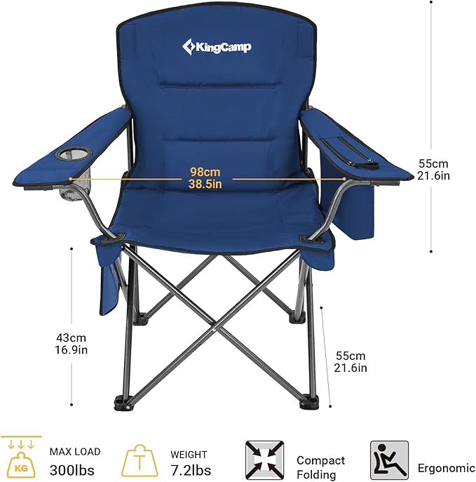 KingCamp Oversized Folding Camping Chair for Adults Portable Outdoor Lawn Chair Heavy Duty with Cooler, Cup Holder, Side Pocket, Carry Bag, Support 300lbs