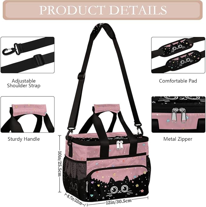 Pardick Cute Cat Black Soft Cooler Bag Insulated Lunch Box for Men & Women, Large Leakproof Lunch Bag Portable Beach Cooler for Work, Picnic, Road Trips,Fishing, Travel, Camping,A-14