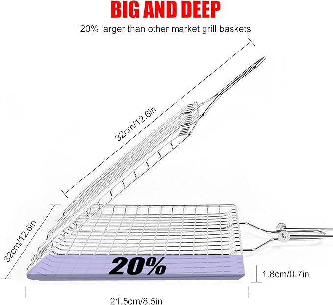 Grill Baskets Fish Grilling Basket for Outdoor Grilling Barbecue Stainless Steel Folding Grill Accessories with Removable Handle, Grill Basket for Bar, Camping, Picnics & Parties. Amazing Grill