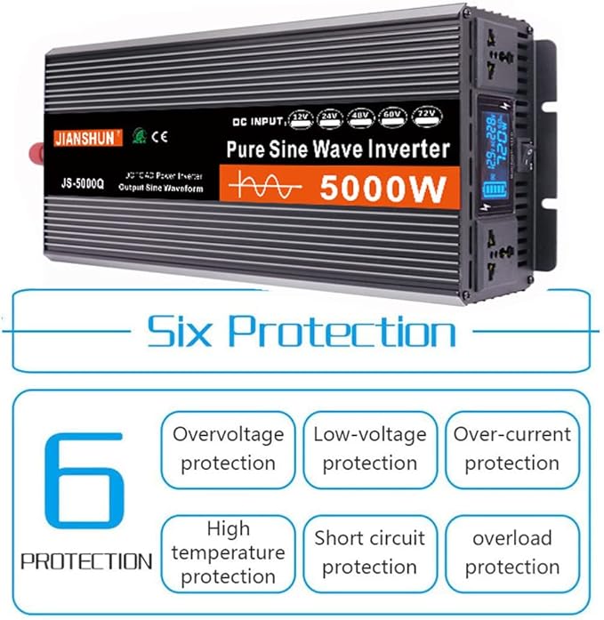 3000W 4000W 5000W 6000W (Peak)Pure Sine Wave Power Inverter, Intelligent Solar Power Inverter 12V/24V/48V/60V DC to 220V~240V AC Converter with LCD Display, AC Outlets ,for RV Truck Camping,4000W-24V