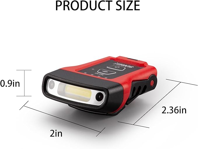 SUNREI Rechargeable Motion Sensor Clip on Hat Light with 150 Lumen & 600 mAh Headlamp, Rotatable Headlamp Flashlight for Fishing Camping Running Hand Work, Include Headband (Red)