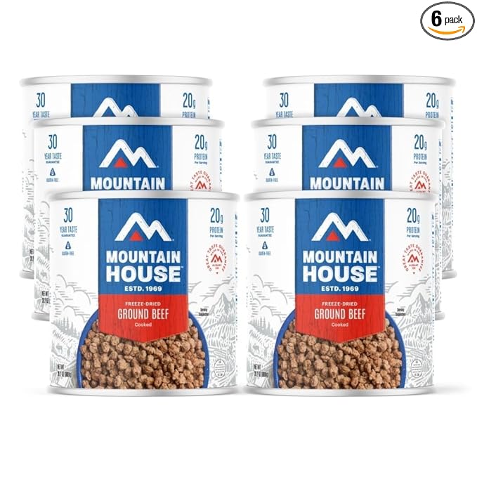 Mountain House Freeze-Dried Pre-Cooked Ground Beef #10 Can – 132 Total Servings (6 Cans, 22 Servings Each) – Ready-to-Eat Hamburger Meat – Gluten-Free, High-Protein Emergency Survival Canned Food – Shelf-Stable Long-Term Storage for Camping, Hiking, Ba...