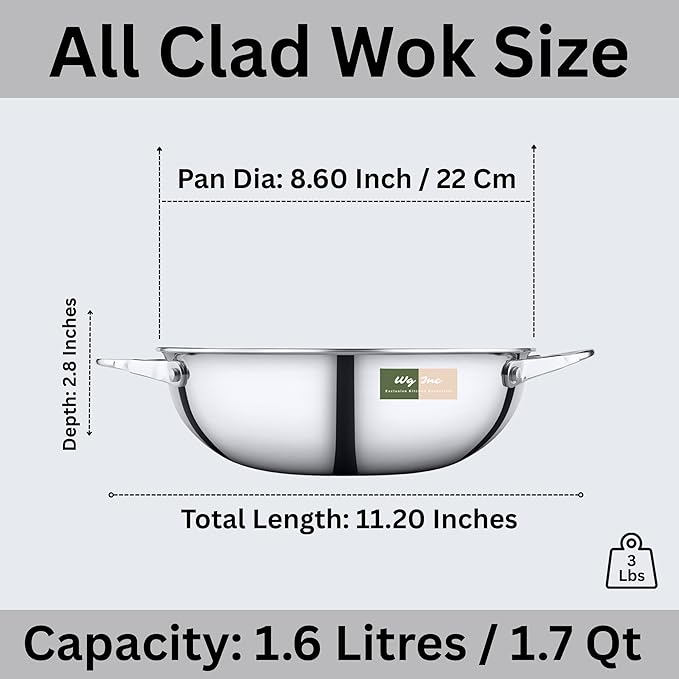 Stainless Steel Wok, Tri-Ply Pan for Stir-Frying, 8.60 Inch Small Kadhai without Lid, All Clad Kadai Cookware For Stews, Sauces, Soups, Saute, Induction Friendly Wok (1.7 Qt / 1.6 Litres)