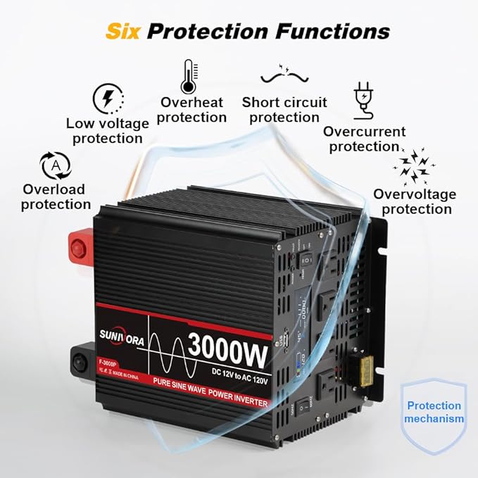 3000 Watt Pure Sine Wave Power Inverter, 12V DC to 110V/120V AC Converter 6000W Peak, with Remote Control LCD, 4 AC Outlets & USB Port & Hardwire Terminal, for Truck RV Boat Camping Solar System EPS