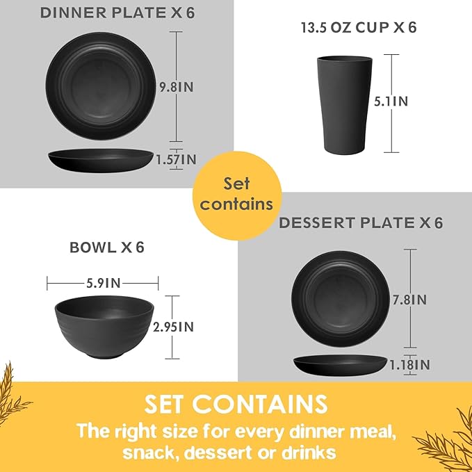 Teivio 24-Piece Kitchen Plastic Wheat Straw Dinnerware Set, Service for 6, Dinner Plates, Dessert Plate, Cereal Bowls, Cups, Unbreakable Plastic Outdoor Camping Dishes, Black