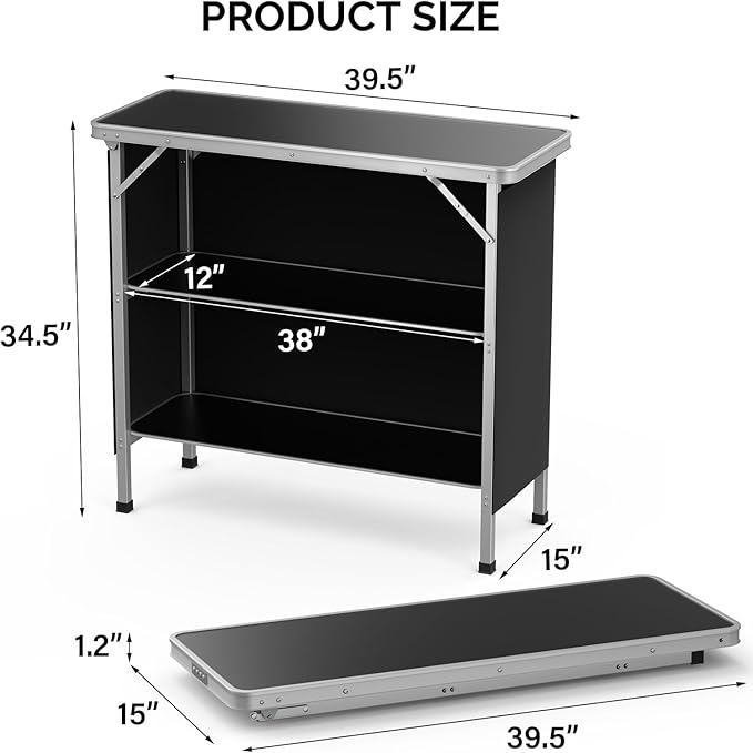 VINGLI Camping Table, Aluminum Portable Bar Table 39''L x 34''H, 2-Tier Storage Shelves, Removable Oxford Cloth, Carrying Bag, Lightweight Folding Table for Events, Outdoor, Party, Picnic