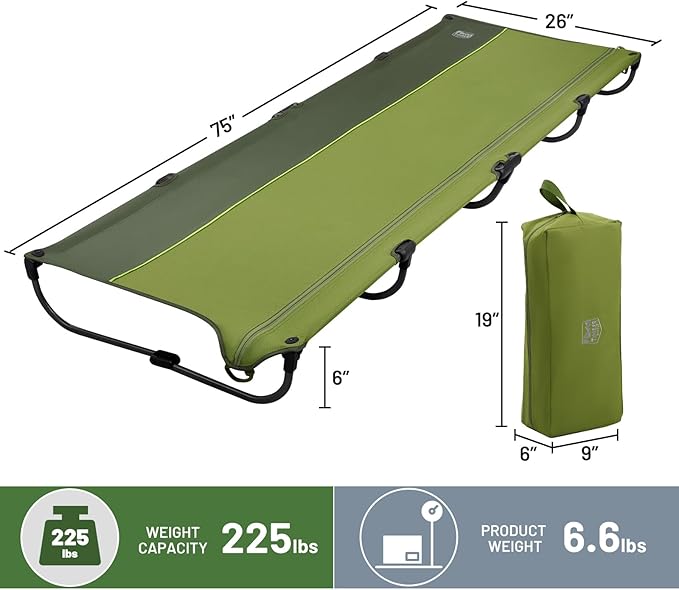 TIMBER RIDGE 20-Second Quick Set-Up Camping Cot, Lightweight Aluminum Folding Cot Low Profile with Zipper Closure, Portable Carry Bag for Camping, Travel and Outdoors, Support up to 225lbs, Green