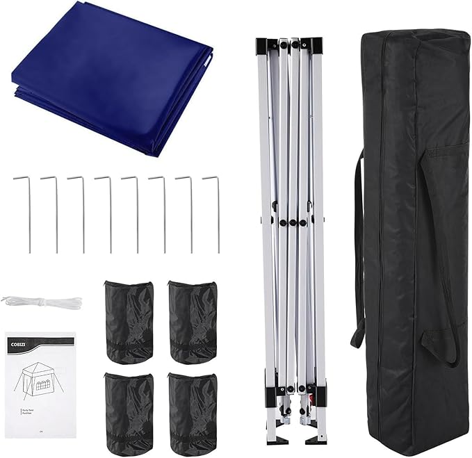 COBIZI 10x10 Pop Up Canopy Tent with 4 Sandbags, Easy Set Up Gazebo, Instant Outdoor Sun Shade &Waterproof Canopy with 8 Stakes,4 Ropes&Carry Bag, Tents for Parties, Beach, Backyard,Camping(Navy Blue