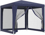 Party Tent with 4 Mesh Sidewalls Blue 8.2'x8.2' HDPE Heavy-Duty Iron Frame Waterproof Roof for Outdoor Events Shelter