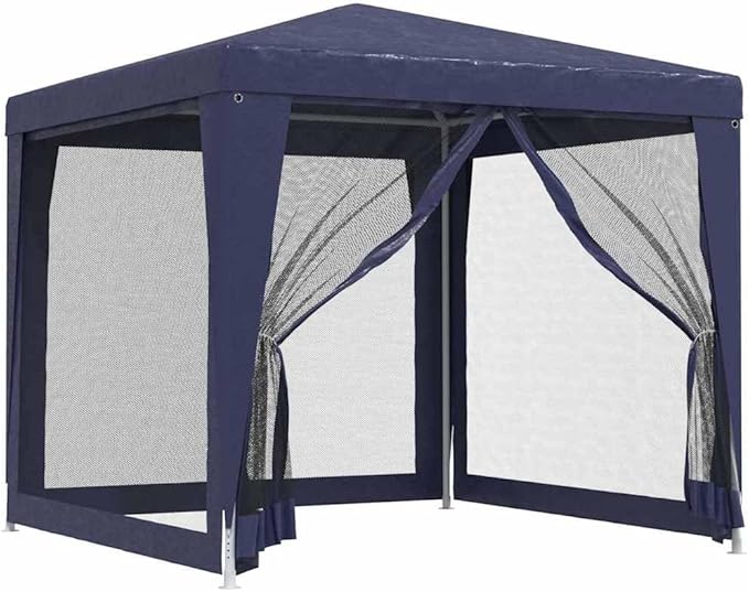 Party Tent with 4 Mesh Sidewalls Blue 8.2'x8.2' HDPE Heavy-Duty Iron Frame Waterproof Roof for Outdoor Events Shelter