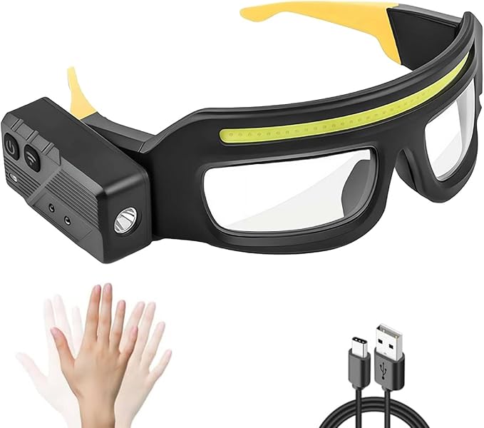 LED Rechargeable Headlight Glasses – Motion Sensor & Touch Control 5 Modes, USB-C Light Up Eyewear 350-500lm IPX4 Waterproof for Running Camping Fishing Cycling Hiking (Yellow)