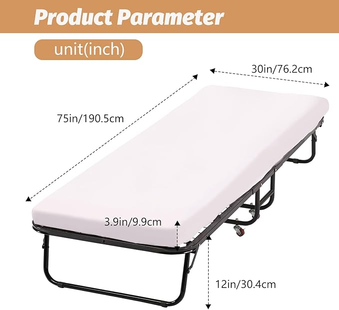 Folding Guest Bed with Wheels Portable Bed Extra Roll Away Foldable 3.9 Inch Comfort Foam Mattress Strong Sturdy Heavy Duty Frame for Home Restaurant, White
